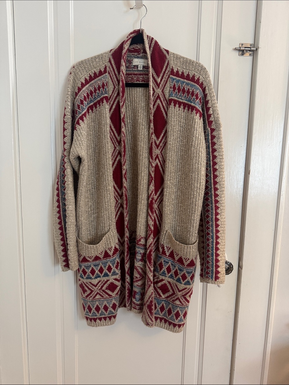 Lucky Brand Beige Open-Front Cardigan with Burgundy & Blue Fair Isle Trim